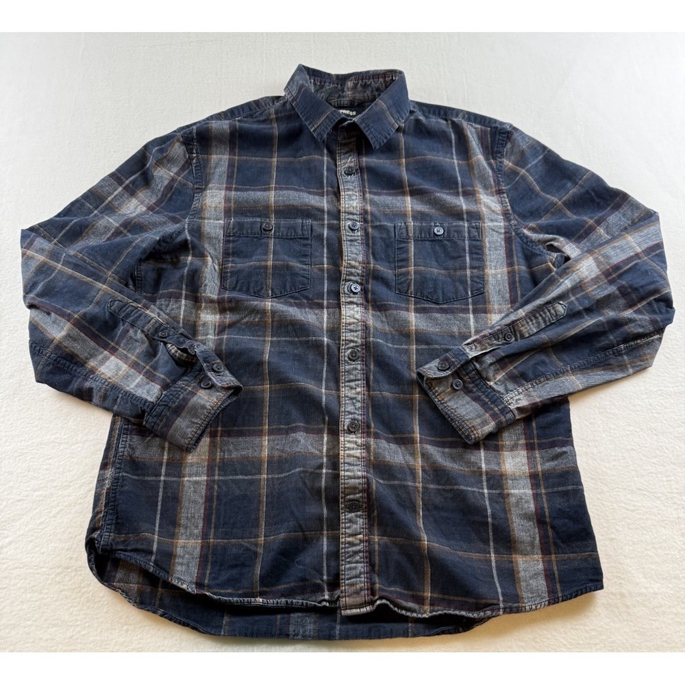 Express Men's M Blue Plaid Corduroy Button Up Shirt
